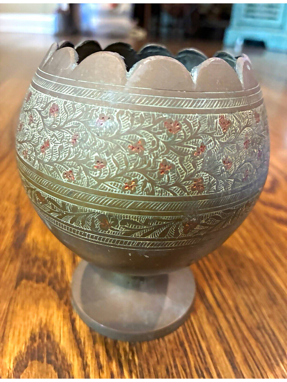 Vintage Etched Brass Pedestal Bowl Scalloped Rim Floral Enamel Indian Brass Boho